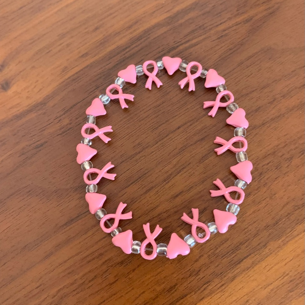 Pink Ribbon & Heart Stretch Bracelet for breast cancer awareness